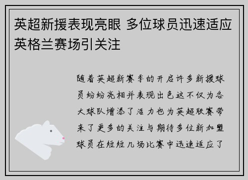 英超新援表现亮眼 多位球员迅速适应英格兰赛场引关注